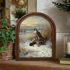 Vintage Hunting Art, Arched Wood Frame, Peregrine Falcon Painting, Mallard Duck Canvas Print, Cabin Wall Decor, Wildlife Bird Illustration