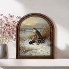Vintage Hunting Art, Arched Wood Frame, Peregrine Falcon Painting, Mallard Duck Canvas Print, Cabin Wall Decor, Wildlife Bird Illustration