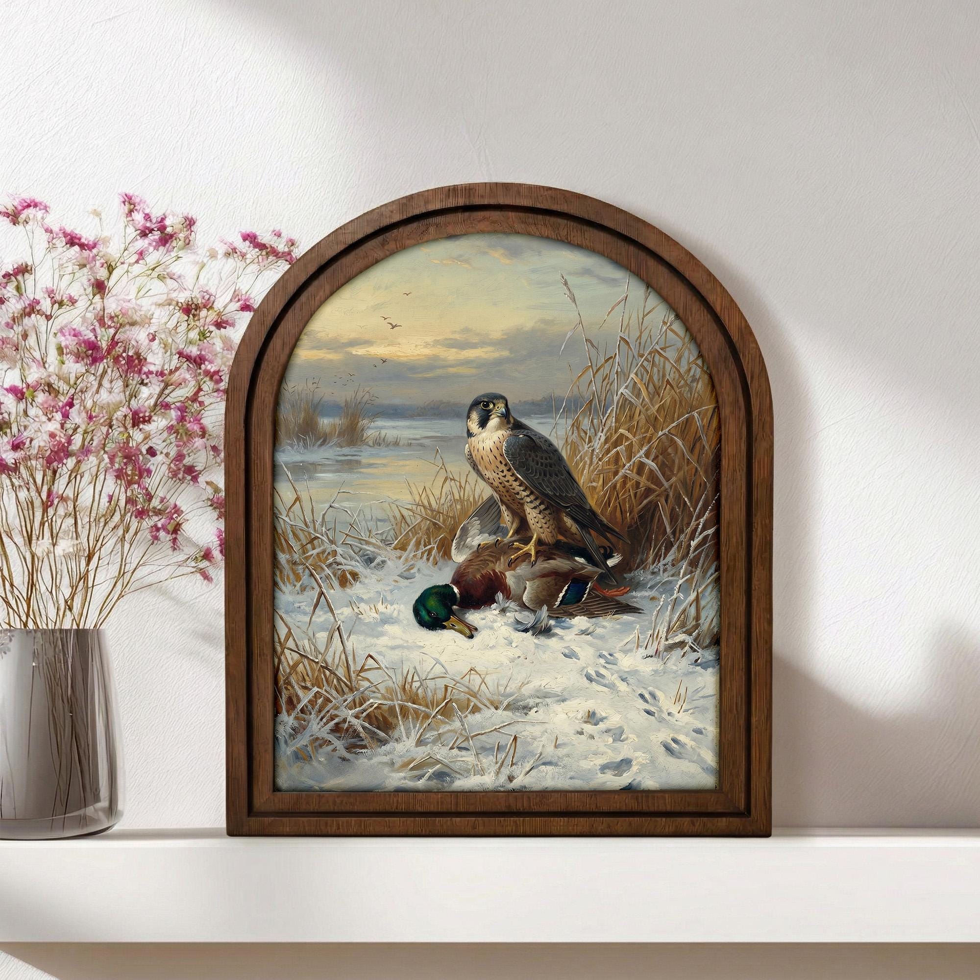 Vintage Hunting Art, Arched Wood Frame, Peregrine Falcon Painting, Mallard Duck Canvas Print, Cabin Wall Decor, Wildlife Bird Illustration