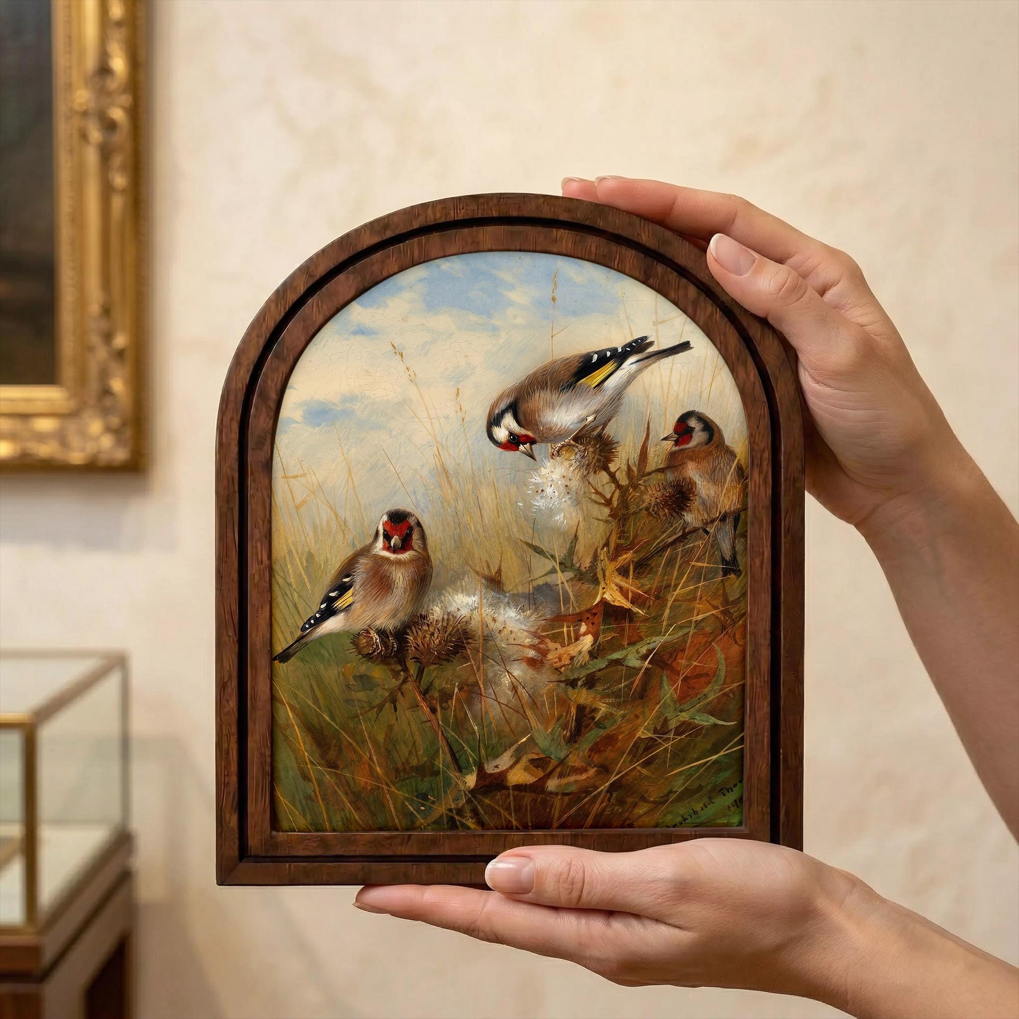 Vintage Bird Art, Arched Wood Frame, Goldfinch Painting, Botanical Nature Decor, Cottagecore Wall Art, Framed Canvas Print, European Art