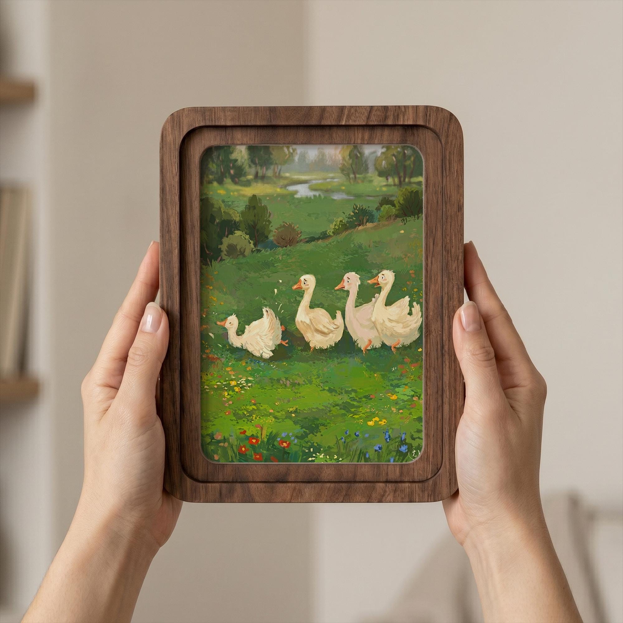 Duck Wall Art, Wooden Nursery Decor, Plywood Canvas Art, Goose Meadow Painting, Kids Room Wall Decor, Wood Picture Frame, Housewarming Gift