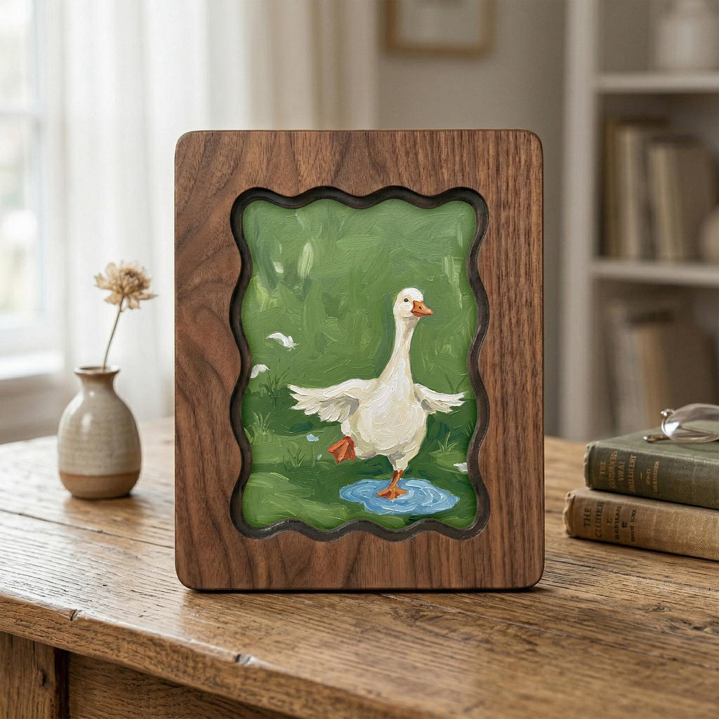 Duck Wall Art, Wavy Wood Frame, Nursery Wall Decor, Goose Painting, Kids Room Decor, Scalloped Picture Frame, Wood Canvas Art, Animal Gift