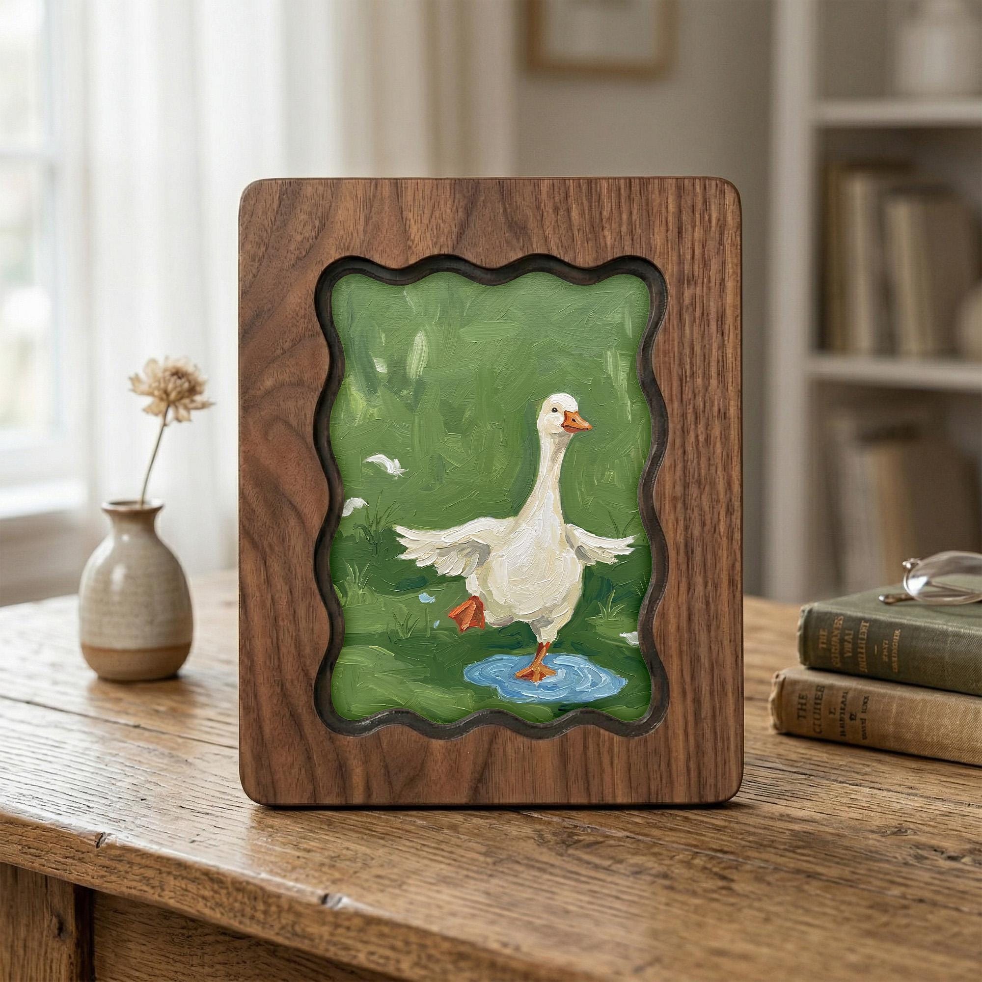 Duck Wall Art, Wavy Wood Frame, Nursery Wall Decor, Goose Painting, Kids Room Decor, Scalloped Picture Frame, Wood Canvas Art, Animal Gift