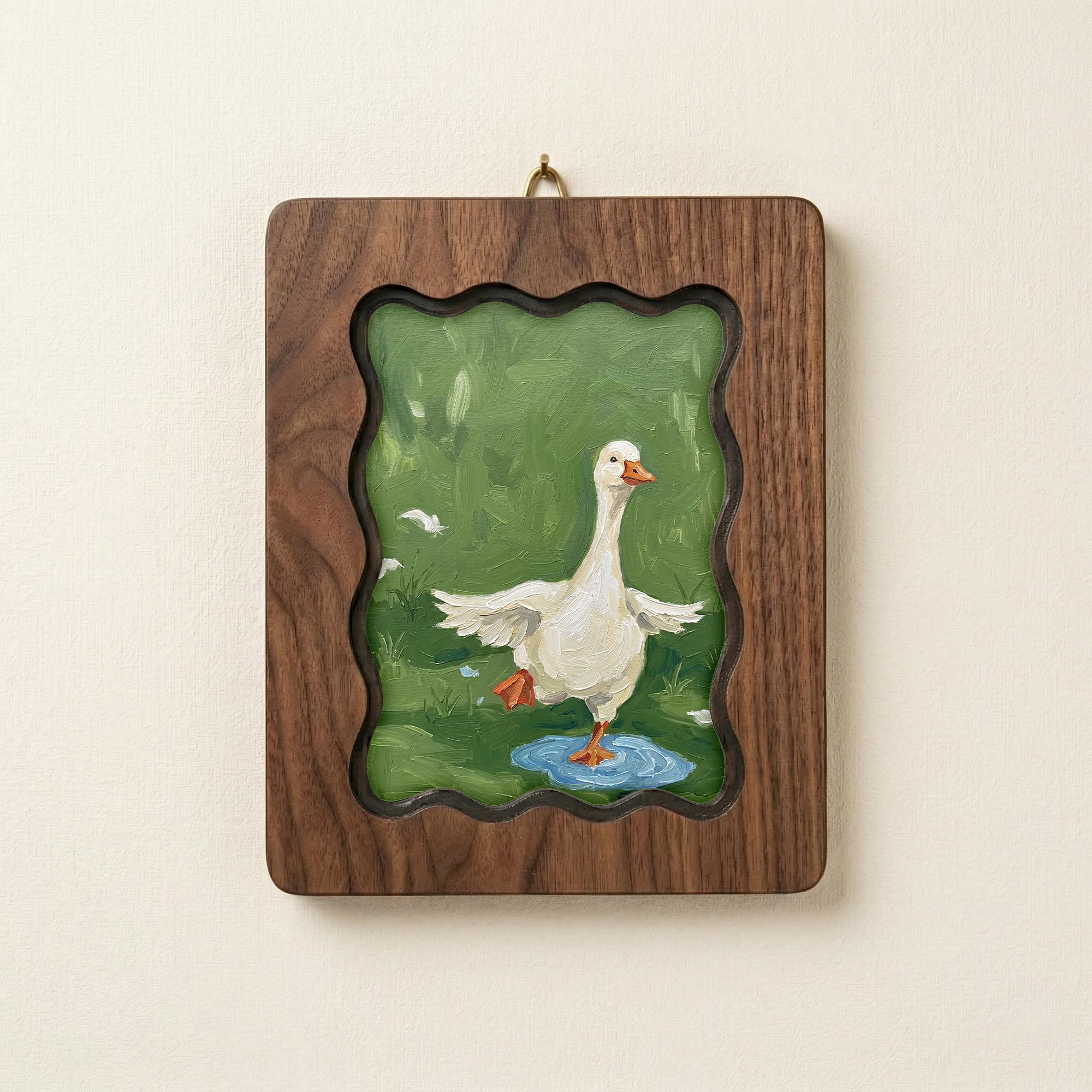 Duck Wall Art, Wavy Wood Frame, Nursery Wall Decor, Goose Painting, Kids Room Decor, Scalloped Picture Frame, Wood Canvas Art, Animal Gift