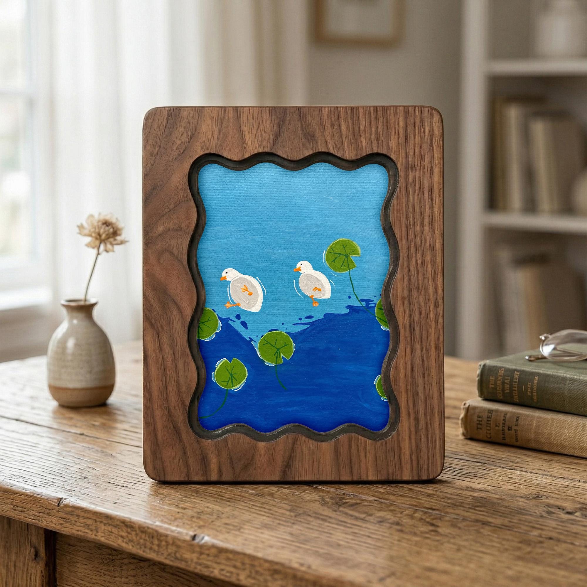 Duck Wall Art, Wooden Duck Decor, Nursery Wall Art, Plywood Frame Canvas, Duck Pond Painting, Kids Room Decor, Housewarming Gift, Wood Art