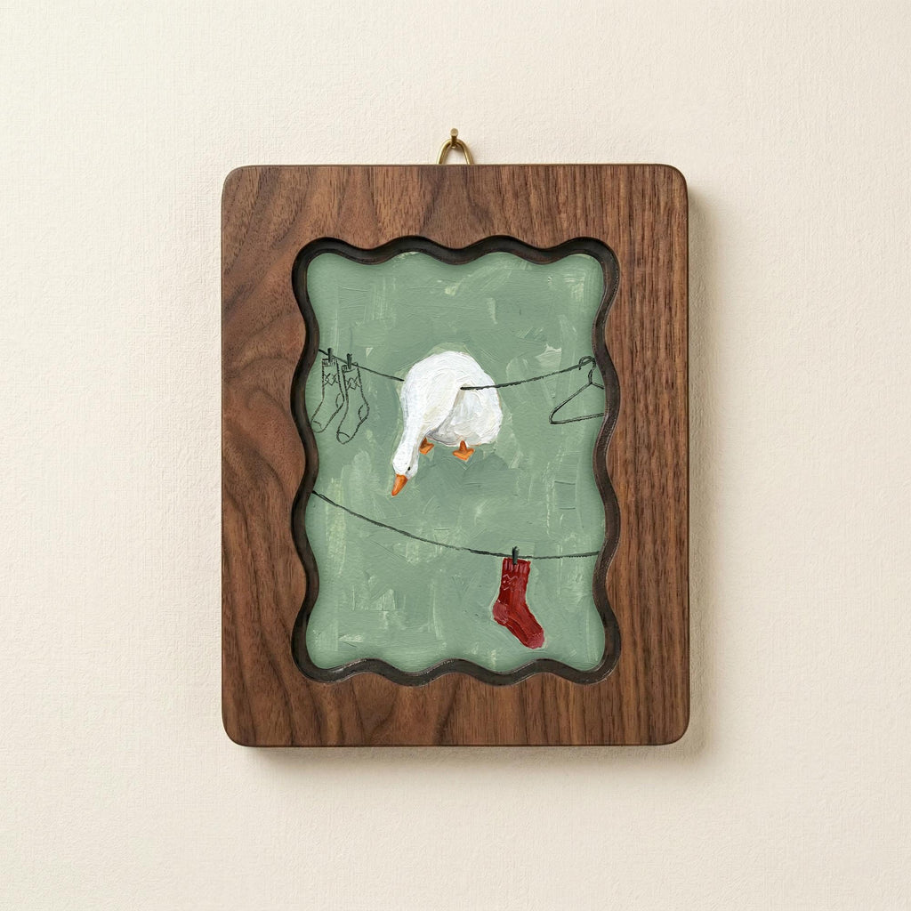 Funny Laundry Room Decor, Wavy Wooden Framed Art, Scalloped Frame Decor, Goose on Clothesline Painting, Quirky White Duck Art, Gift