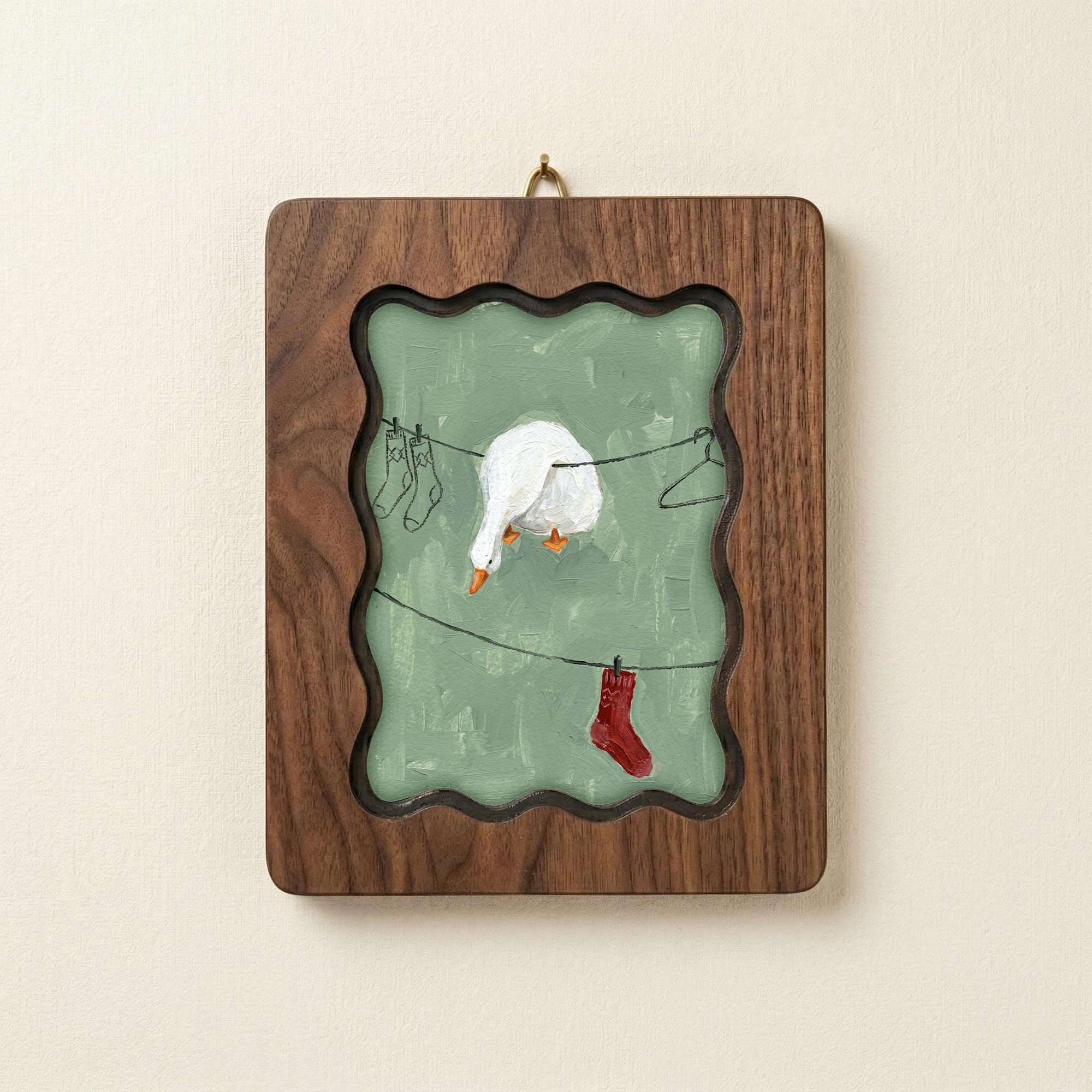 Funny Laundry Room Decor, Wavy Wooden Framed Art, Scalloped Frame Decor, Goose on Clothesline Painting, Quirky White Duck Art, Gift
