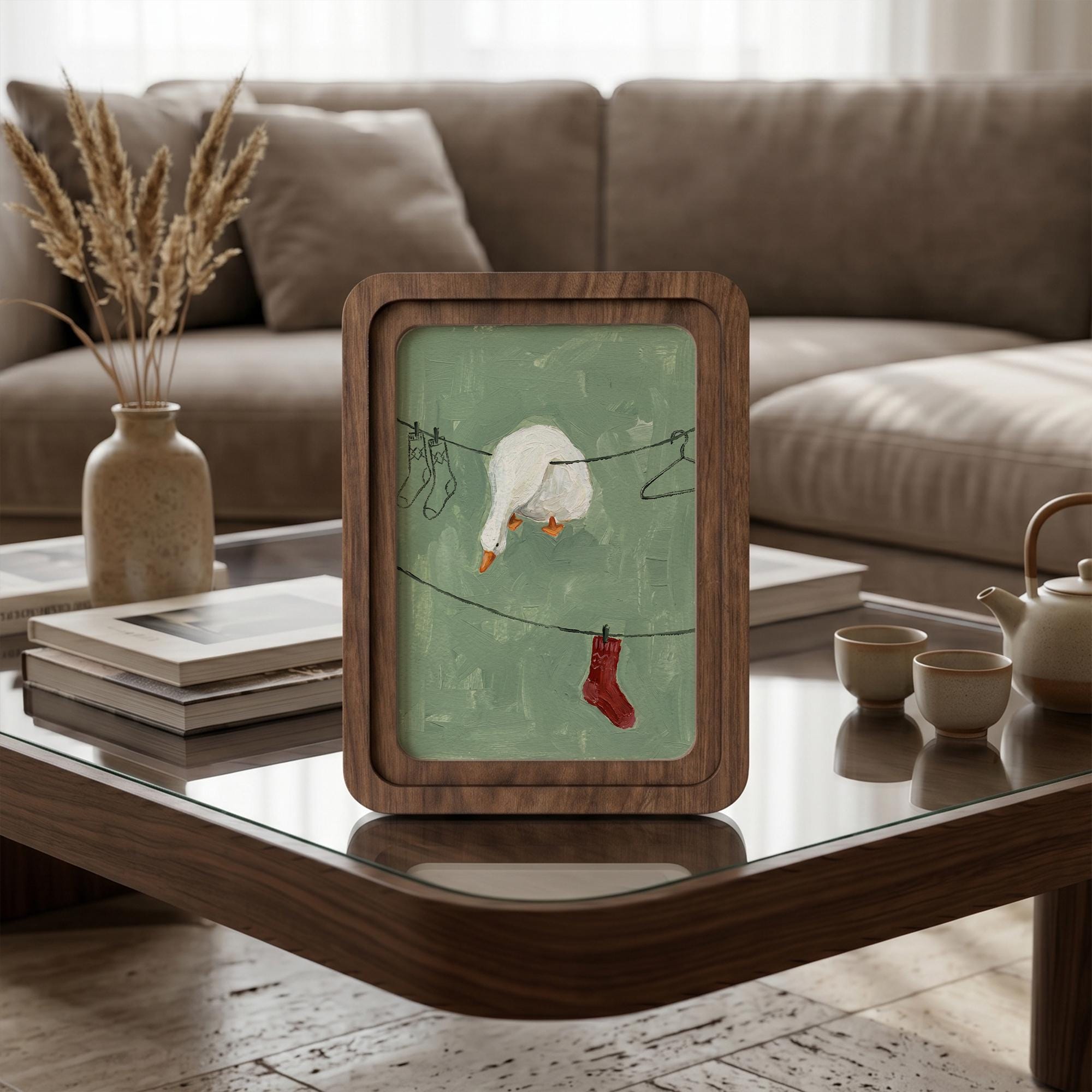 Funny Laundry Room Decor, Rounded Wood Framed Art, Goose on Clothesline Painting, Cute White Duck Art, Quirky Animal Picture, Wall Gift