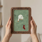 Funny Laundry Room Decor, Rounded Wood Framed Art, Goose on Clothesline Painting, Cute White Duck Art, Quirky Animal Picture, Wall Gift
