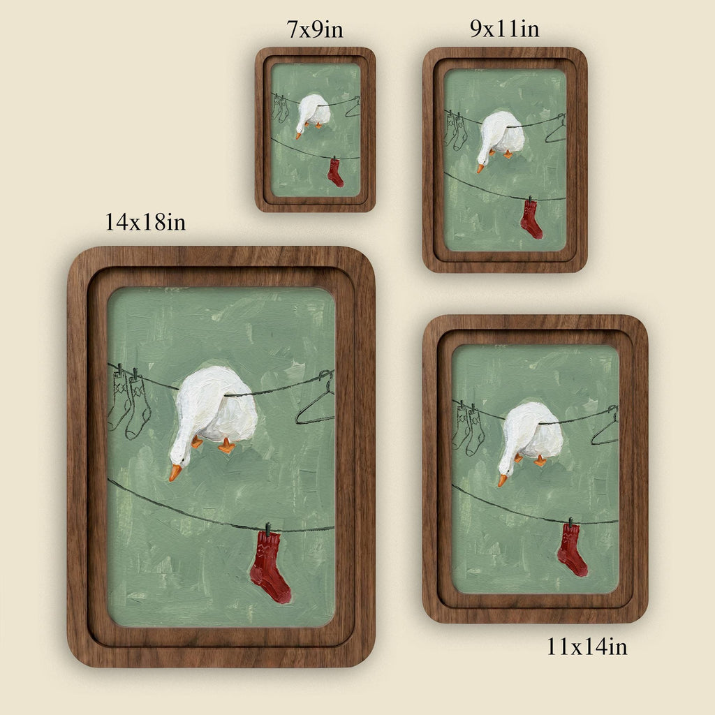 Funny Laundry Room Decor, Rounded Wood Framed Art, Goose on Clothesline Painting, Cute White Duck Art, Quirky Animal Picture, Wall Gift