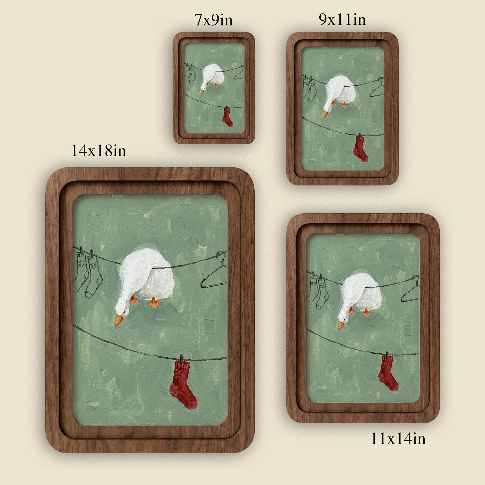 Funny Laundry Room Decor, Rounded Wood Framed Art, Goose on Clothesline Painting, Cute White Duck Art, Quirky Animal Picture, Wall Gift