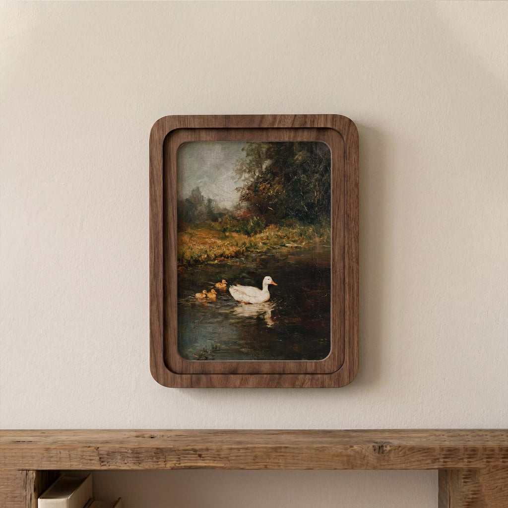 Vintage Duck Painting, Rounded Wood Framed Art, Country Pond Landscape, Moody Nature Wall Art, Antique Duck Decor, Farmhouse Shelf Decor