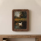 Vintage Duck Painting, Rounded Wood Framed Art, Country Pond Landscape, Moody Nature Wall Art, Antique Duck Decor, Farmhouse Shelf Decor