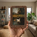 Vintage Duck Painting, Rounded Wood Framed Art, Country Pond Landscape, Moody Nature Wall Art, Antique Duck Decor, Farmhouse Shelf Decor