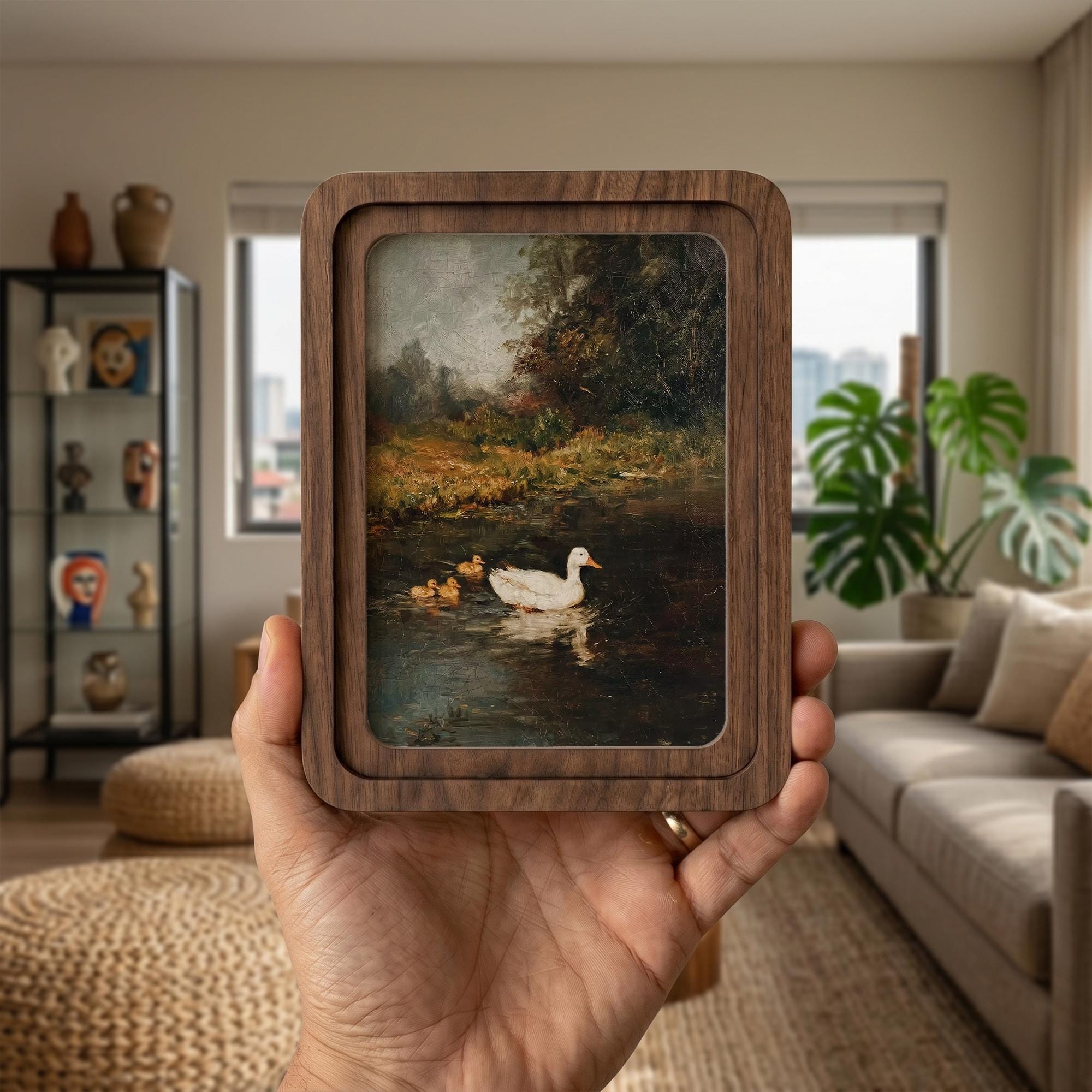 Vintage Duck Painting, Rounded Wood Framed Art, Country Pond Landscape, Moody Nature Wall Art, Antique Duck Decor, Farmhouse Shelf Decor