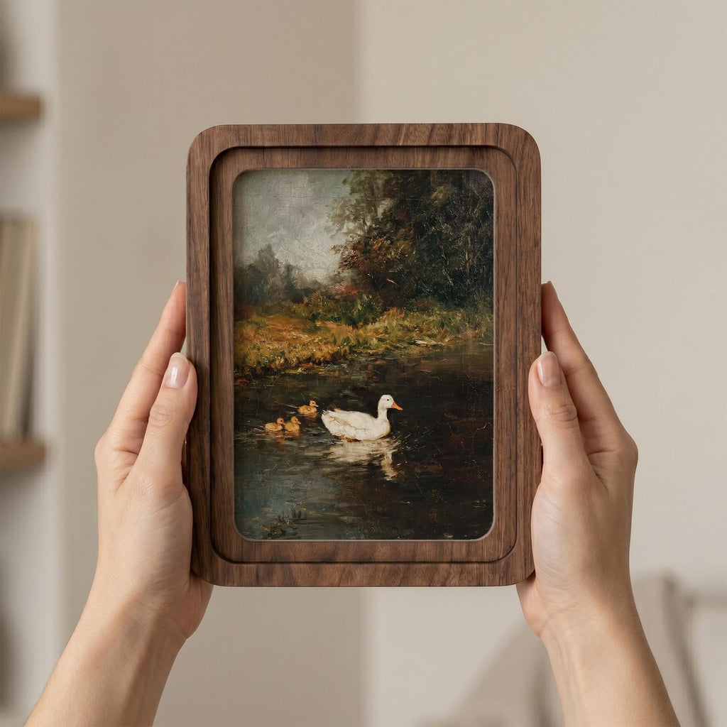 Vintage Duck Painting, Rounded Wood Framed Art, Country Pond Landscape, Moody Nature Wall Art, Antique Duck Decor, Farmhouse Shelf Decor