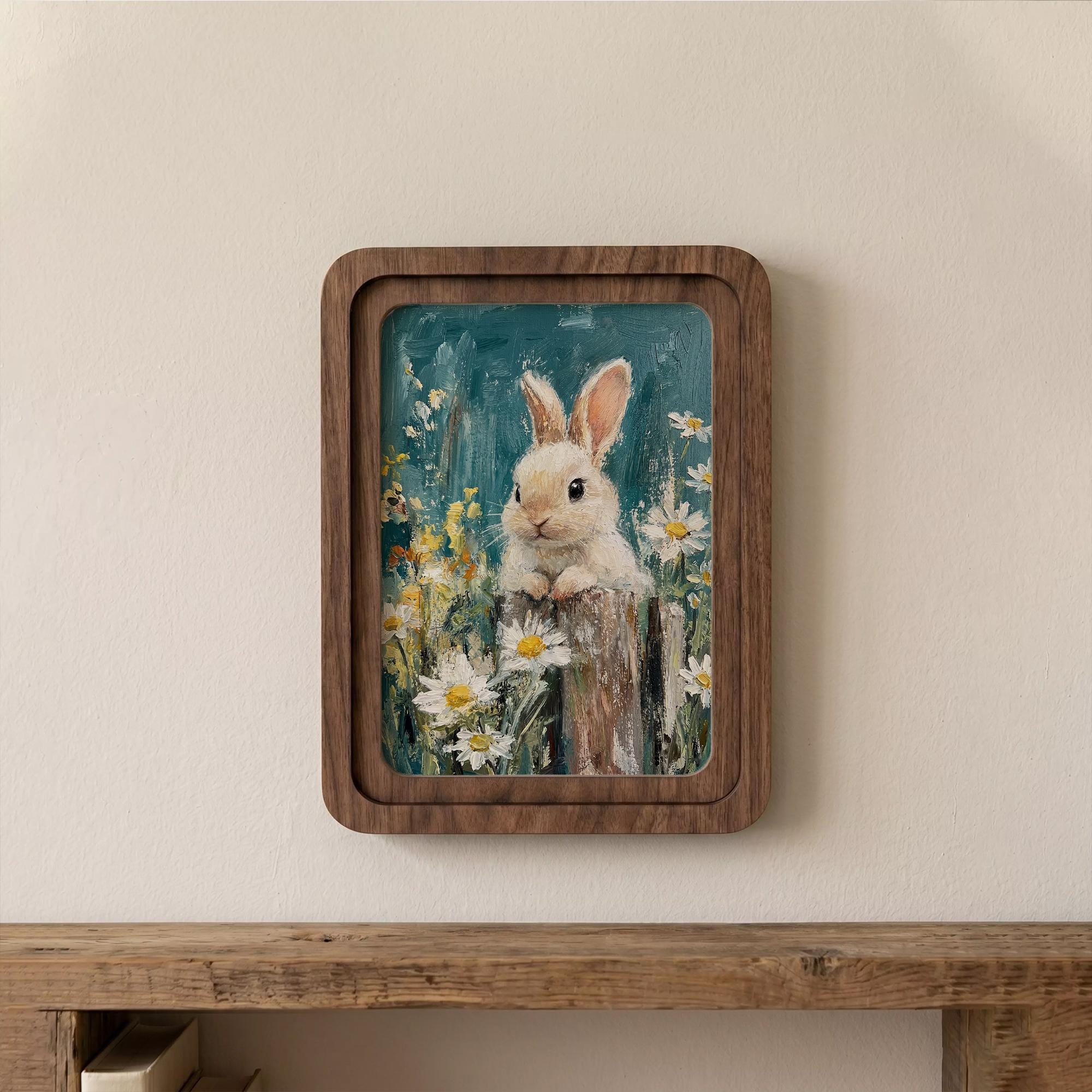 Cute Bunny Oil Painting, Rounded Wood Framed Art, Daisy Flower Wall Art, Cottagecore Rabbit Decor, Nursery Animal Picture, Shelf Styling