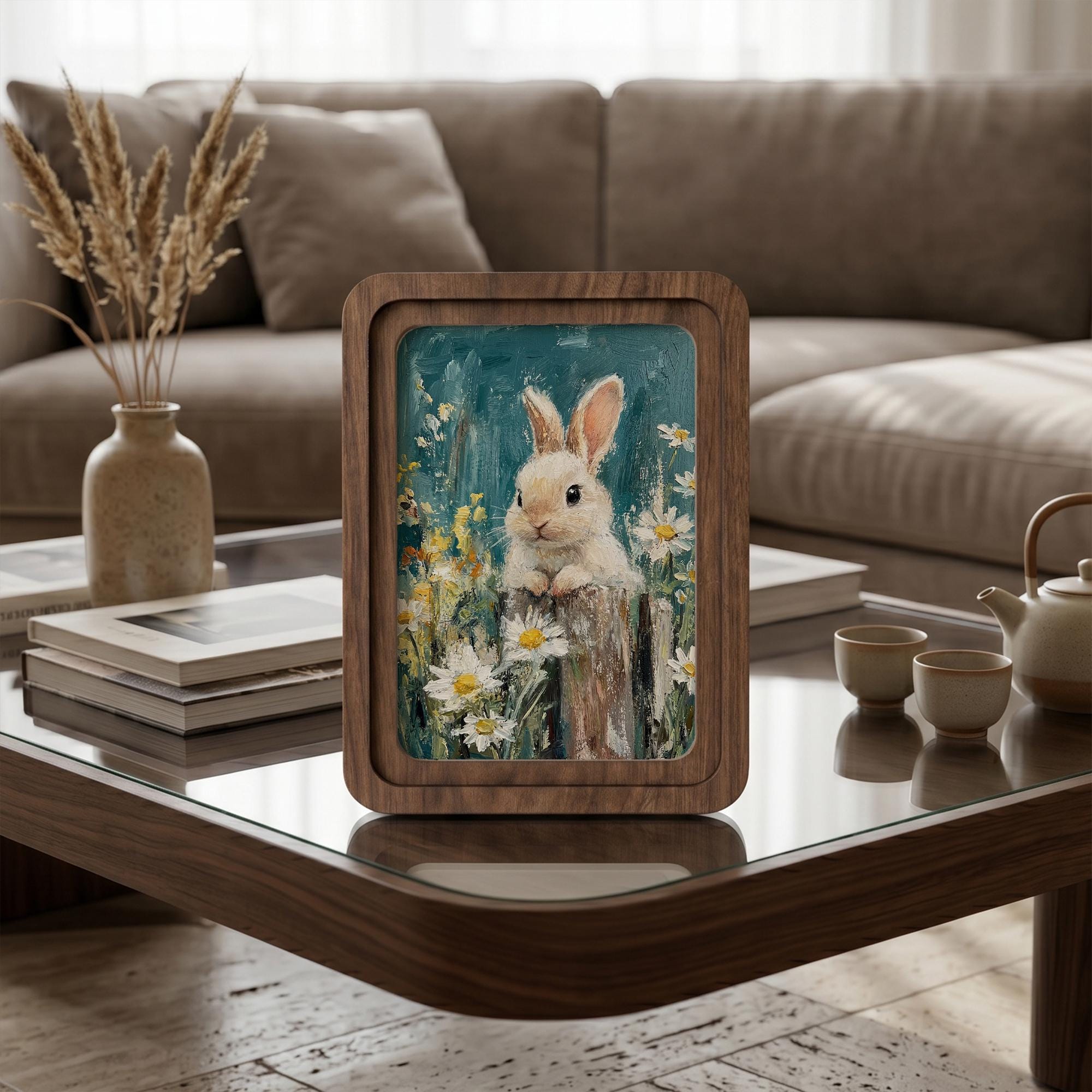 Cute Bunny Oil Painting, Rounded Wood Framed Art, Daisy Flower Wall Art, Cottagecore Rabbit Decor, Nursery Animal Picture, Shelf Styling