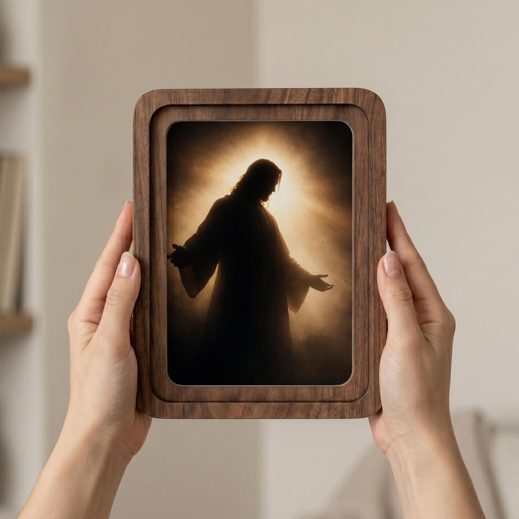 Jesus Christ Painting, Rounded Wood Framed Art, Christian Wall Art, Silhouette Jesus Picture, Religious Home Decor, Scripture Shelf Decor