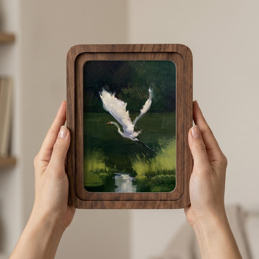 White Egret Oil Painting, Rounded Wood Framed Art, Flying Heron Wall Art, Moody Nature Decor, Vintage Wildlife Painting, Farmhouse Art