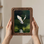 White Egret Oil Painting, Rounded Wood Framed Art, Flying Heron Wall Art, Moody Nature Decor, Vintage Wildlife Painting, Farmhouse Art