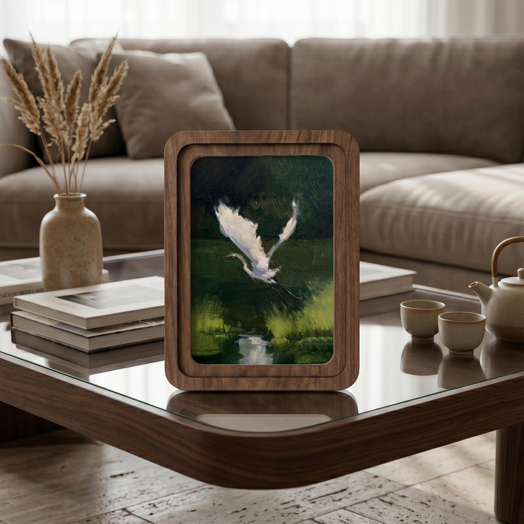 White Egret Oil Painting, Rounded Wood Framed Art, Flying Heron Wall Art, Moody Nature Decor, Vintage Wildlife Painting, Farmhouse Art