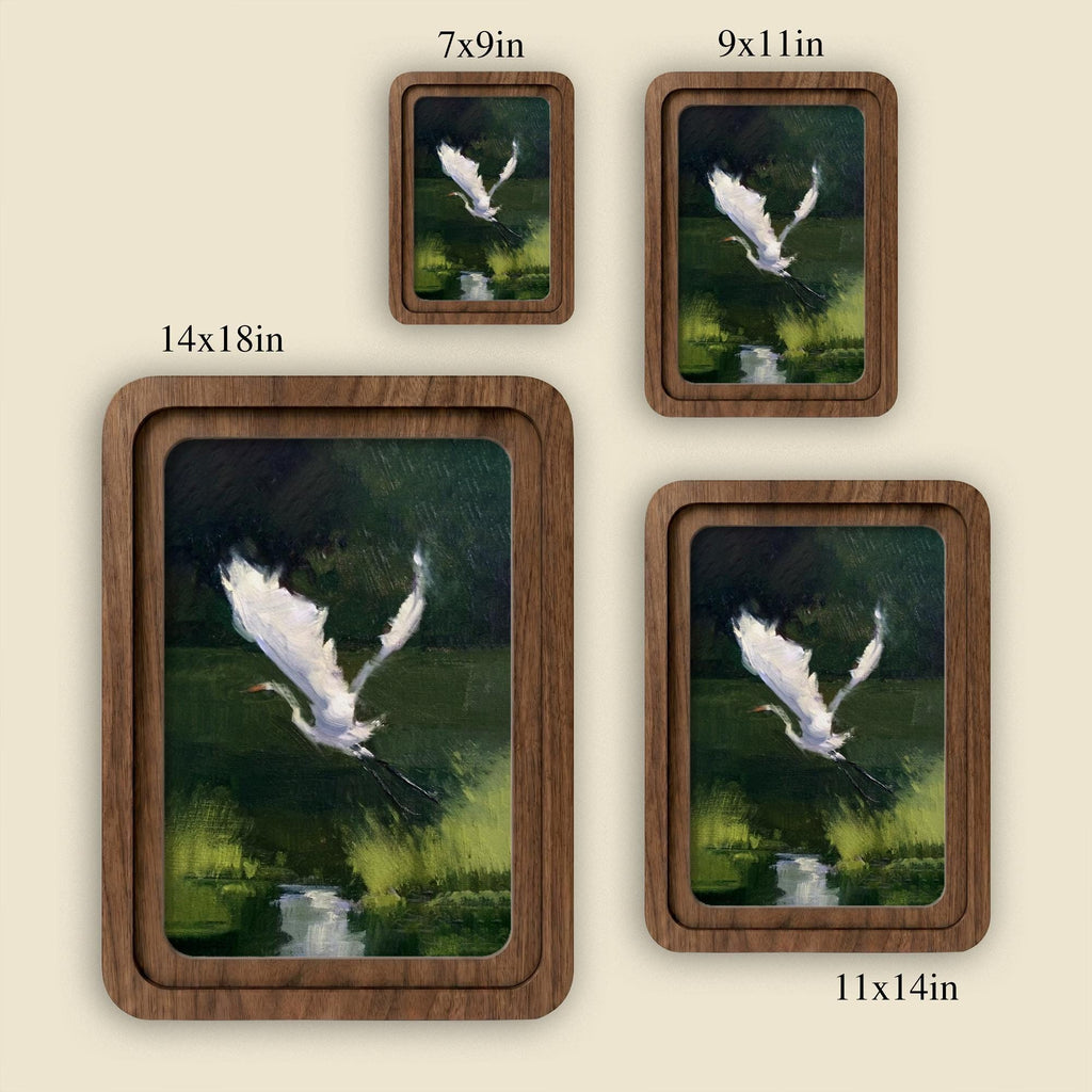 White Egret Oil Painting, Rounded Wood Framed Art, Flying Heron Wall Art, Moody Nature Decor, Vintage Wildlife Painting, Farmhouse Art