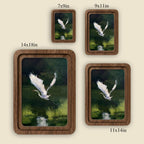 White Egret Oil Painting, Rounded Wood Framed Art, Flying Heron Wall Art, Moody Nature Decor, Vintage Wildlife Painting, Farmhouse Art