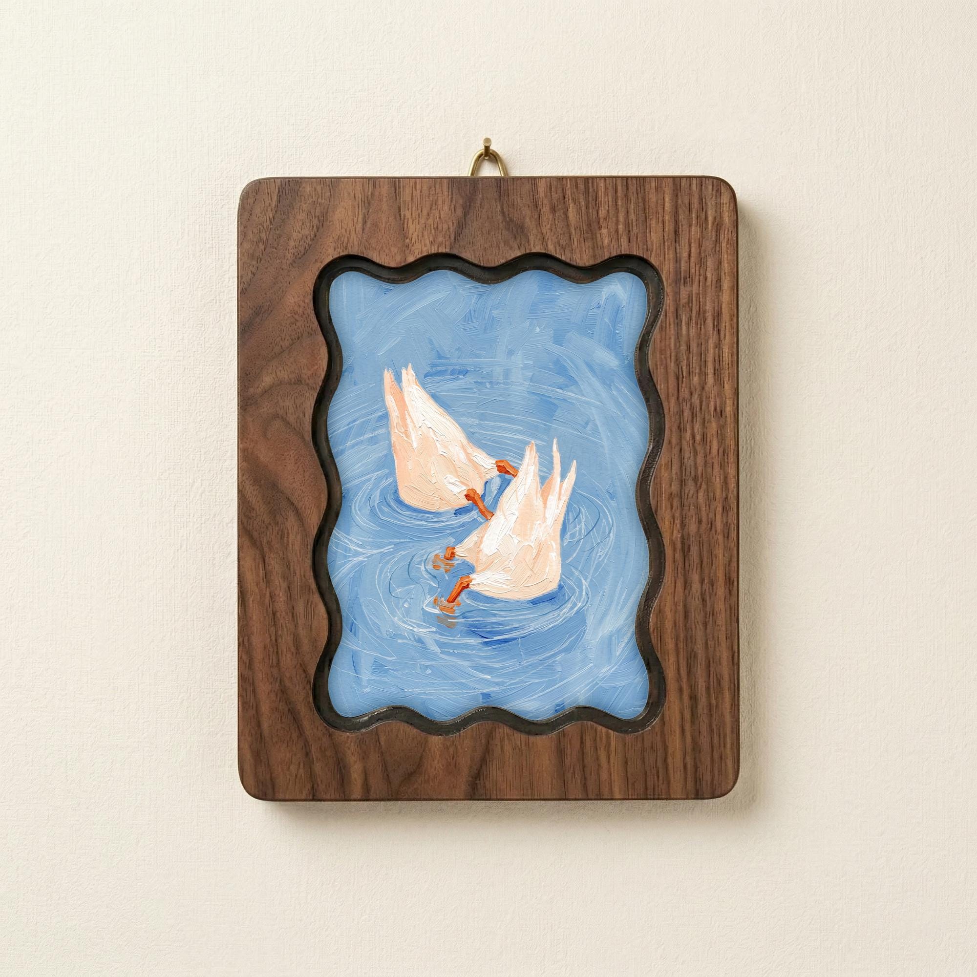 Duck Butt Oil Painting, Wavy Wooden Framed Art, Scalloped Frame Decor, Cute Duck Painting, Cottagecore Wall Art, Farmhouse Shelf Decor