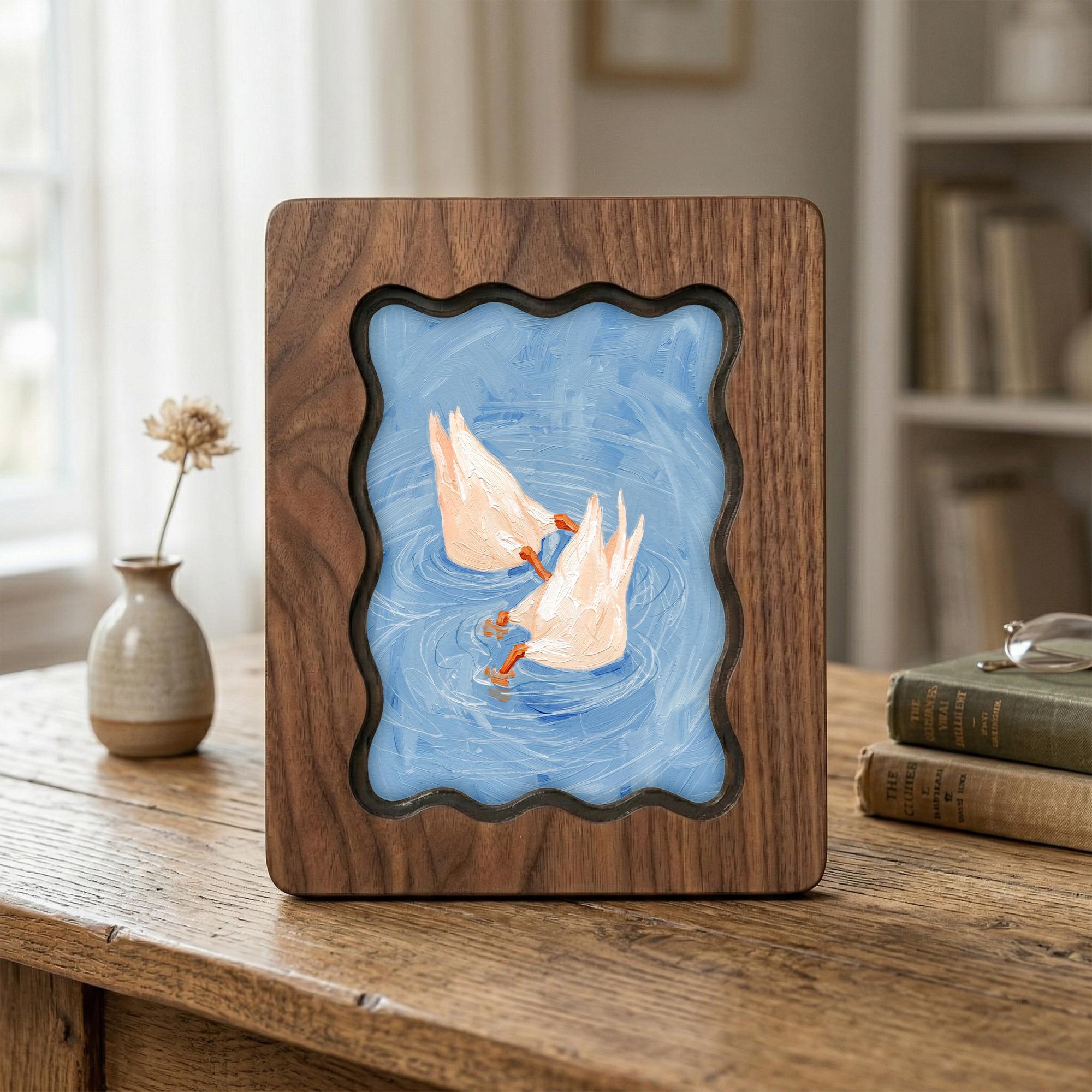 Duck Butt Oil Painting, Wavy Wooden Framed Art, Scalloped Frame Decor, Cute Duck Painting, Cottagecore Wall Art, Farmhouse Shelf Decor