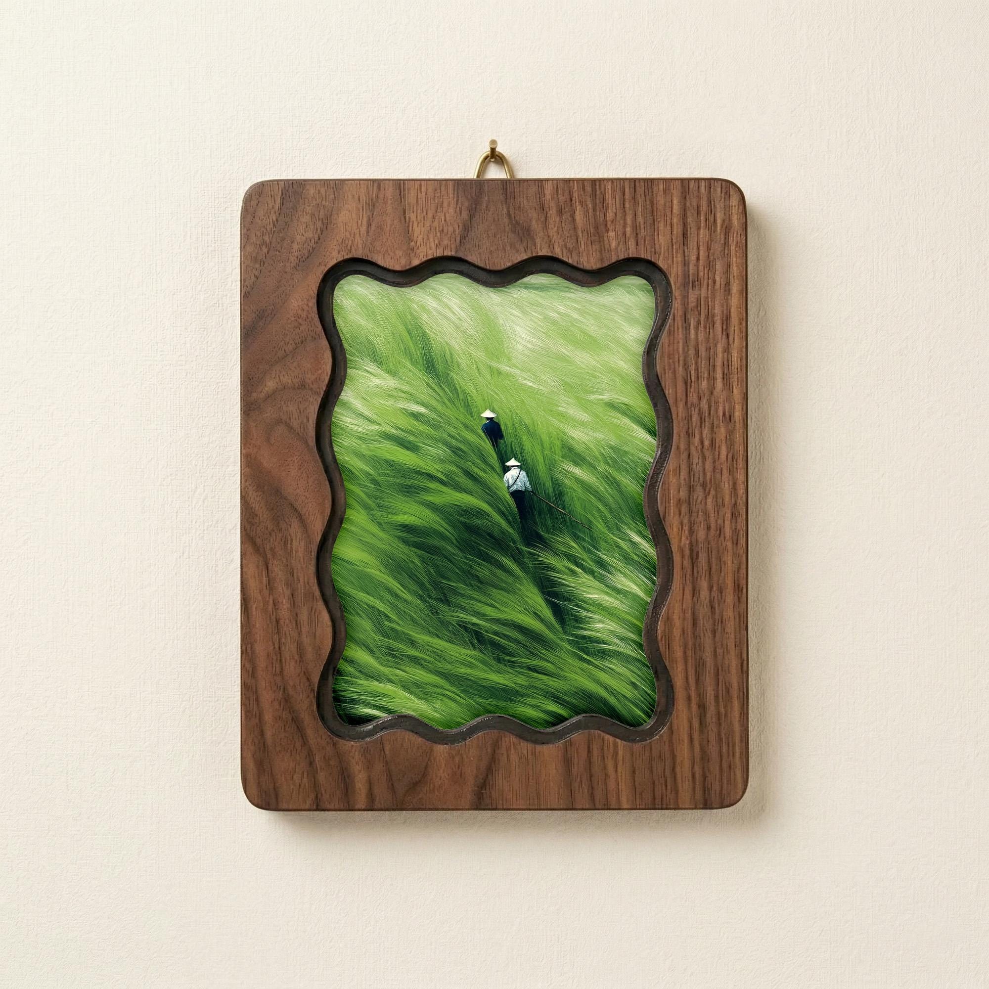 Asian Landscape Wall Art, Green Rice Field Wood Frame, Zen Nature Decor, Vietnamese Countryside Print, Housewarming Gift, Laser Cut Wood Art