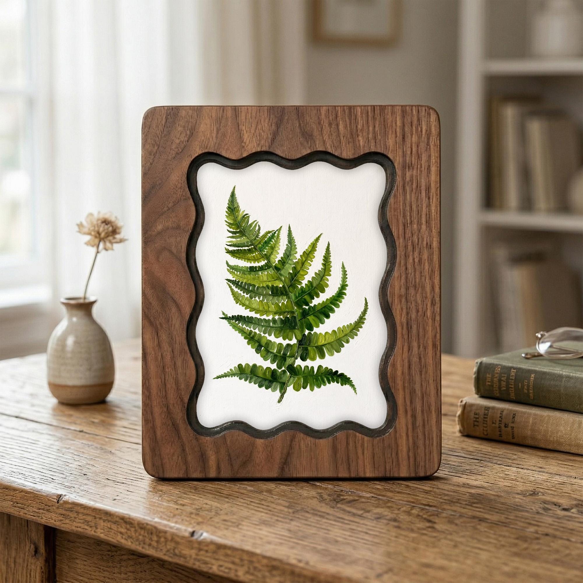 Fern Wall Art, Botanical Leaf Wood Frame, Nature Lover Gift, Minimalist Greenery Decor, Laser Cut Wood Art, Rustic Plant Print, Canvas Frame