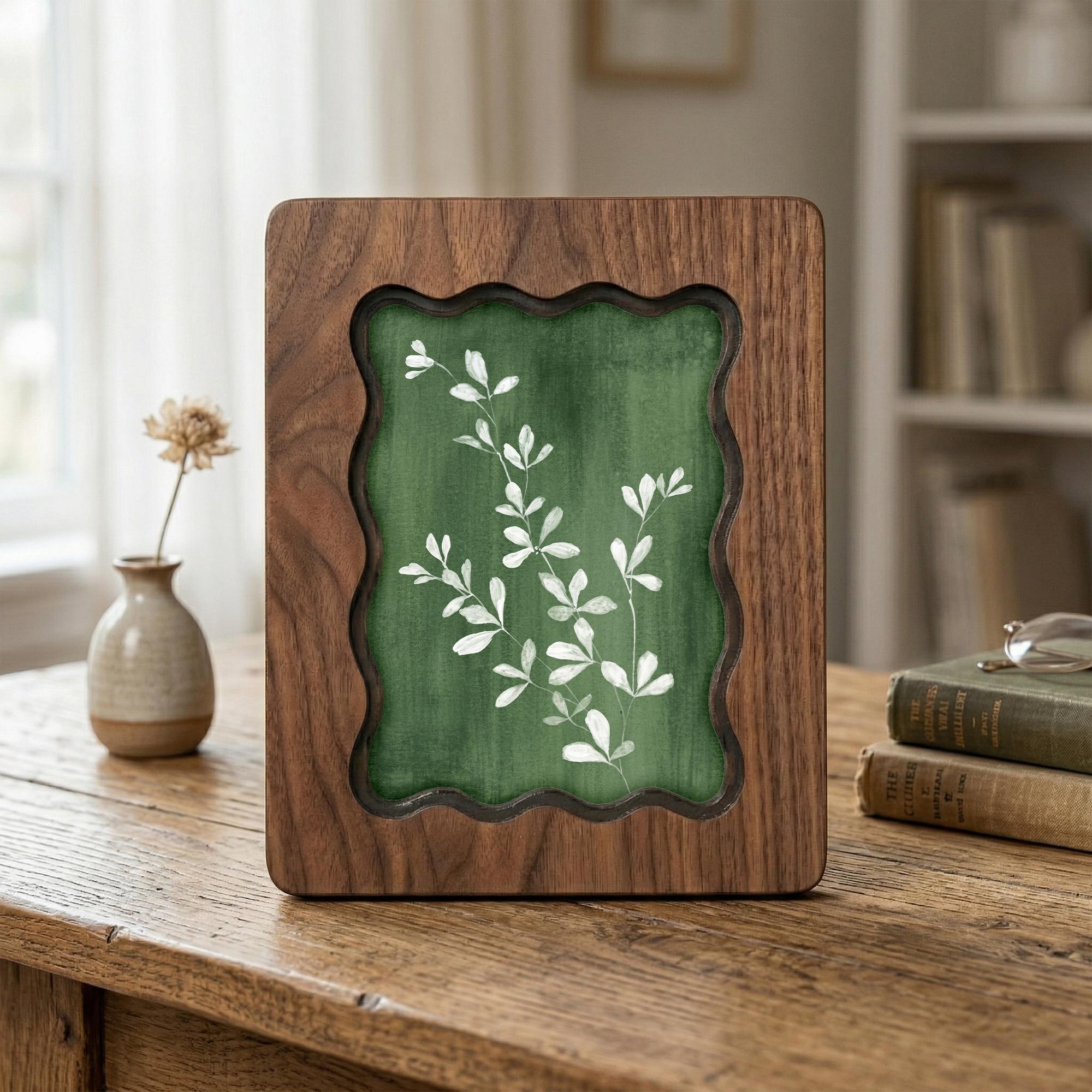 Forest Green Wall Art, White Botanical Wood Frame, Moody Plant Decor, Dark Academia Aesthetic, Housewarming Gift, Laser Cut Wood Artwork