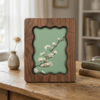 Sage Green Wall Art, White Blossom Wood Frame, Japandi Botanical Decor, Minimalist Flower Print, Housewarming Gift, Laser Cut Wood Artwork