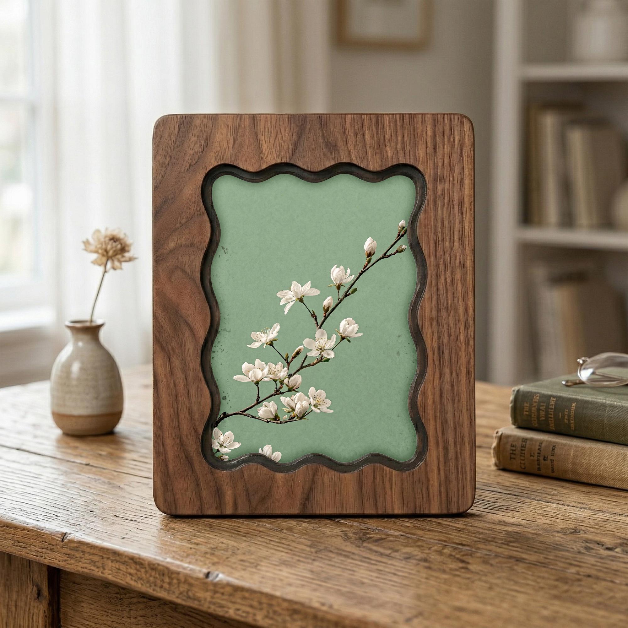 Sage Green Wall Art, White Blossom Wood Frame, Japandi Botanical Decor, Minimalist Flower Print, Housewarming Gift, Laser Cut Wood Artwork
