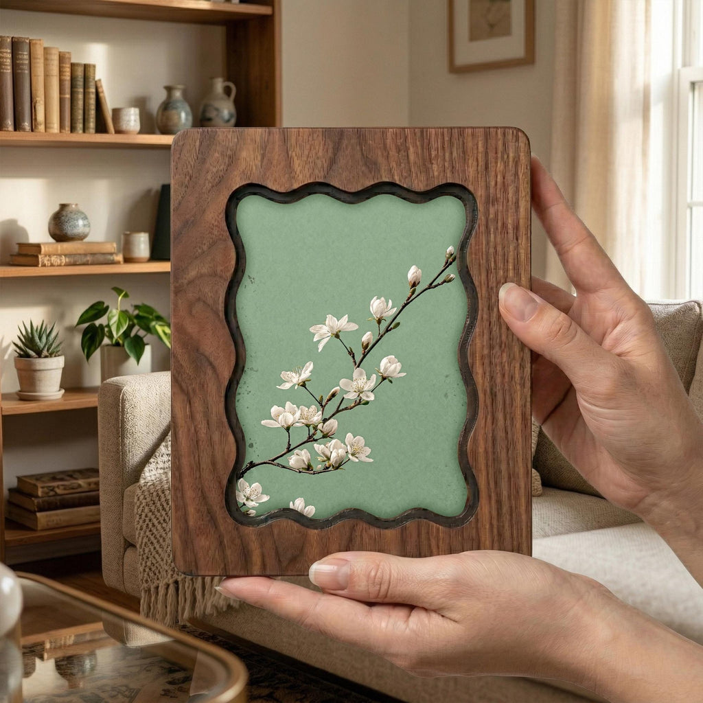 Sage Green Wall Art, White Blossom Wood Frame, Japandi Botanical Decor, Minimalist Flower Print, Housewarming Gift, Laser Cut Wood Artwork