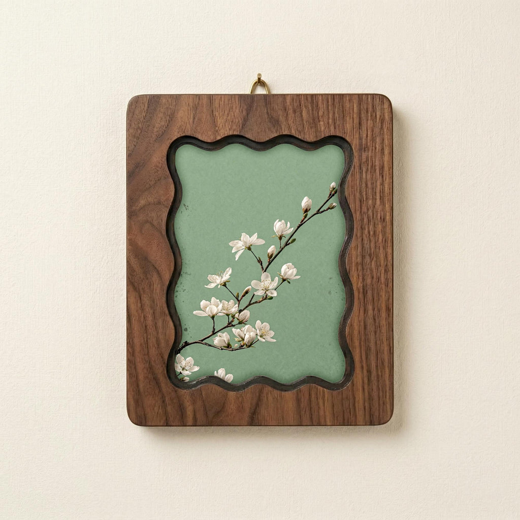 Sage Green Wall Art, White Blossom Wood Frame, Japandi Botanical Decor, Minimalist Flower Print, Housewarming Gift, Laser Cut Wood Artwork