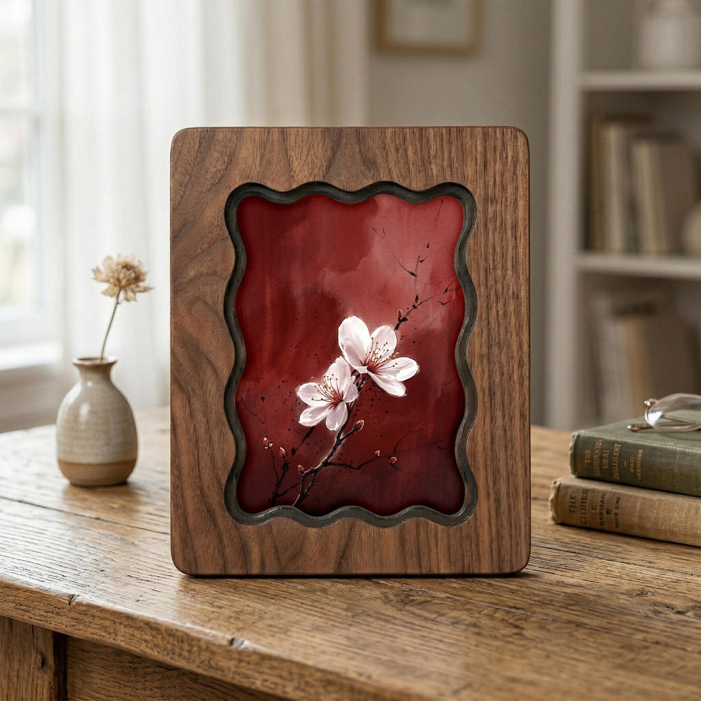 Cherry Blossom Wall Art, Japanese Floral Wood Frame, Zen Botanical Decor, Moody Red Flower Print, Housewarming Gift, Laser Cut Wood Artwork
