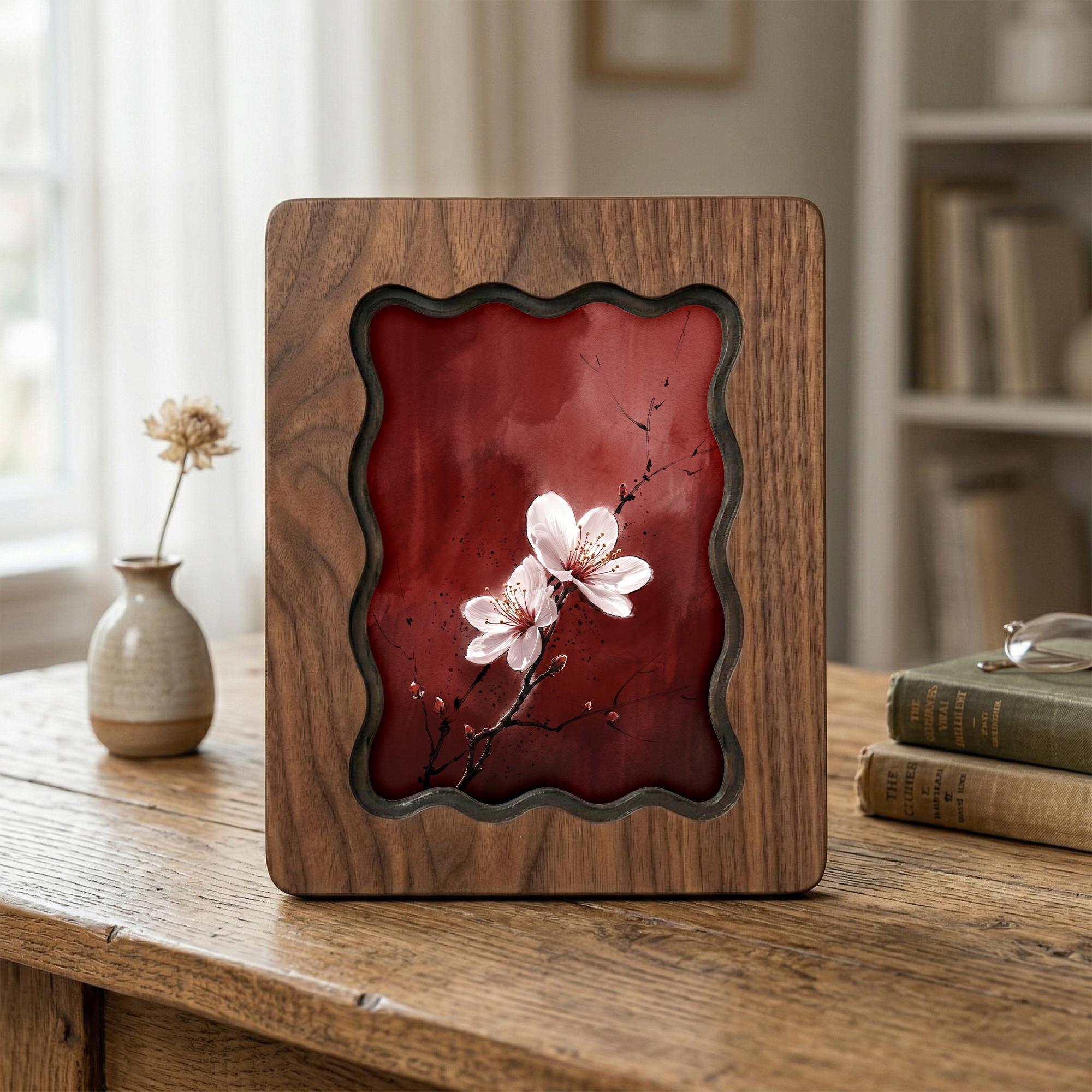 Cherry Blossom Wall Art, Japanese Floral Wood Frame, Zen Botanical Decor, Moody Red Flower Print, Housewarming Gift, Laser Cut Wood Artwork