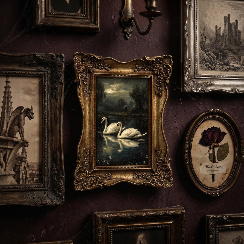 Swan Lake Oil Painting, Dark Academia Decor, Ornate Gold Picture Frame, Moody Swan Wall Art, Romantic Gothic Decor, Framed Canvas 6.7x8.7