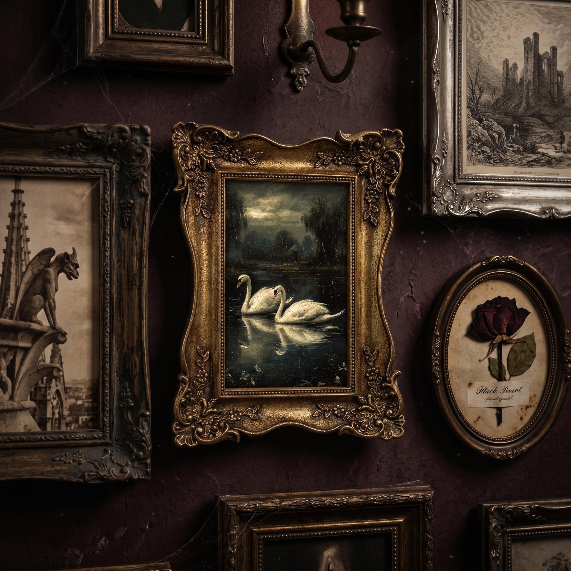 Swan Lake Oil Painting, Dark Academia Decor, Ornate Gold Picture Frame, Moody Swan Wall Art, Romantic Gothic Decor, Framed Canvas 6.7x8.7
