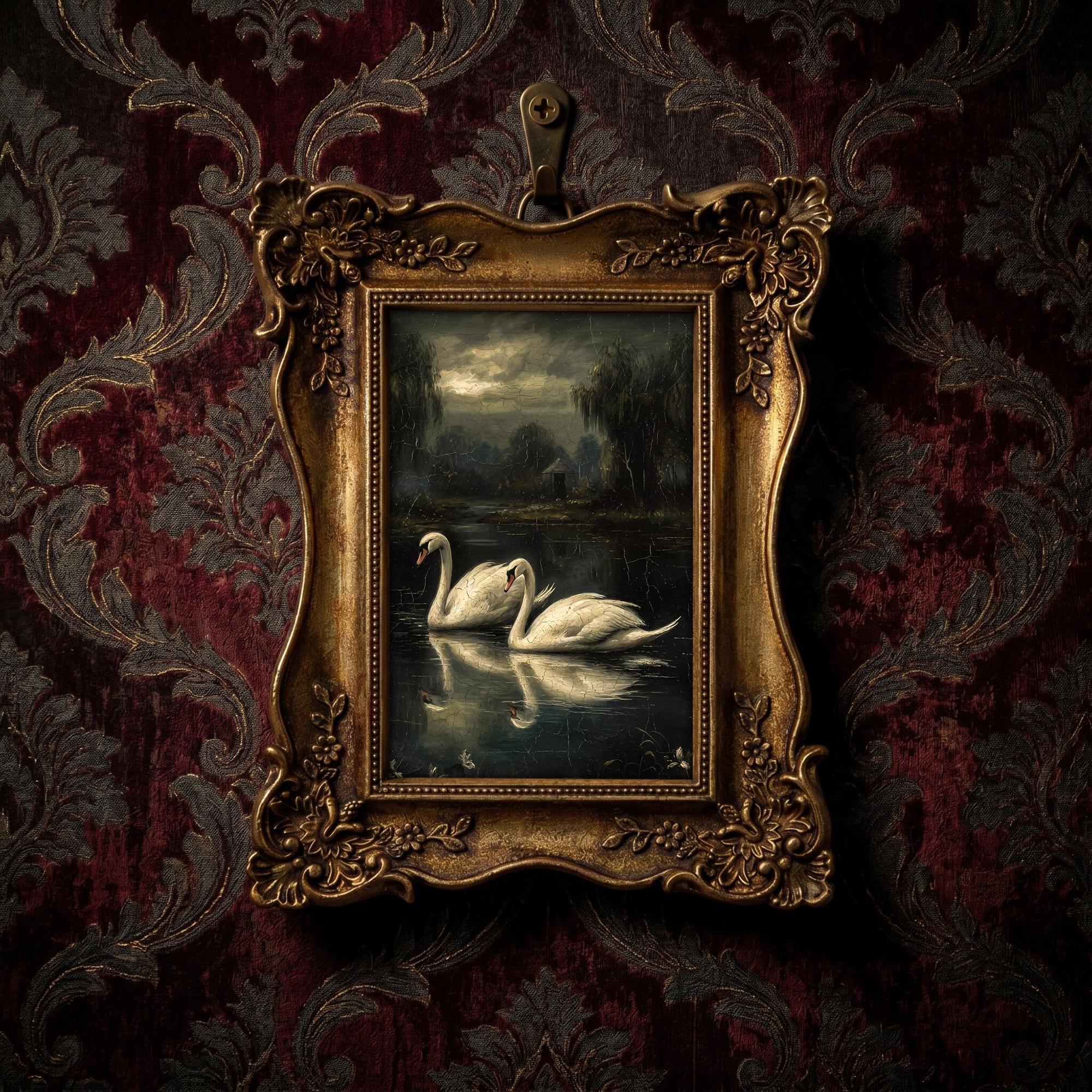 Swan Lake Oil Painting, Dark Academia Decor, Ornate Gold Picture Frame, Moody Swan Wall Art, Romantic Gothic Decor, Framed Canvas 6.7x8.7