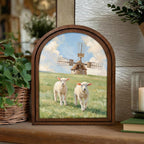 Sheep and Windmill Painting, Vintage Lamb Art, Countryside Landscape, Arched Wood Frame, Farmhouse Wall Decor, Canvas Tabletop Frame Art