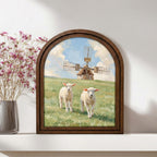 Sheep and Windmill Painting, Vintage Lamb Art, Countryside Landscape, Arched Wood Frame, Farmhouse Wall Decor, Canvas Tabletop Frame Art