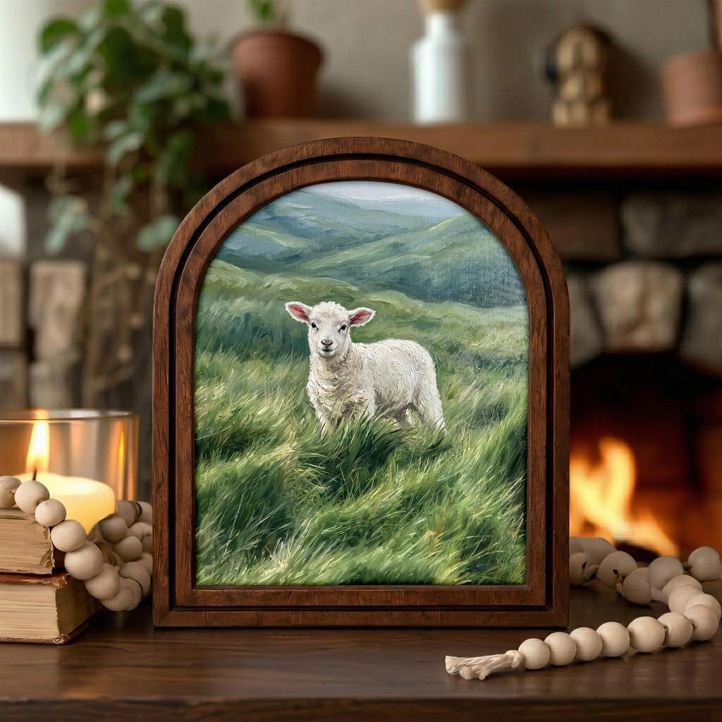 Baby Lamb Oil Painting, Vintage Sheep Art, Cute Animal Landscape, Arched Wood Frame, Farmhouse Wall Decor, Canvas Tabletop Frame Art