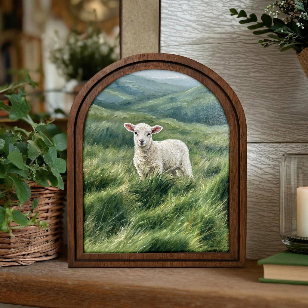 Baby Lamb Oil Painting, Vintage Sheep Art, Cute Animal Landscape, Arched Wood Frame, Farmhouse Wall Decor, Canvas Tabletop Frame Art