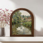 Country River Painting, Vintage Duck Art, Old European Village Landscape, Arched Wood Frame, Farmhouse Wall Decor, Canvas Tabletop Frame
