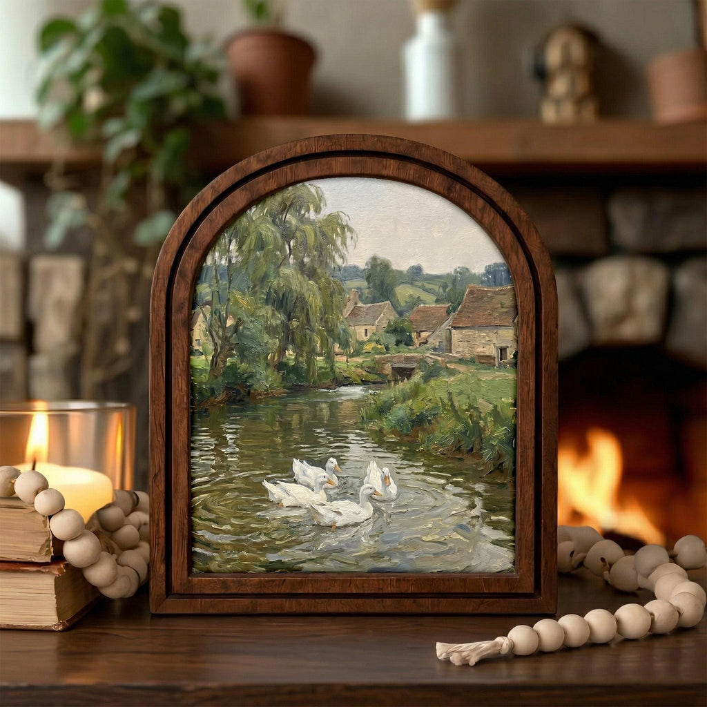 Country River Painting, Vintage Duck Art, Old European Village Landscape, Arched Wood Frame, Farmhouse Wall Decor, Canvas Tabletop Frame