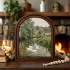 Country River Painting, Vintage Duck Art, Old European Village Landscape, Arched Wood Frame, Farmhouse Wall Decor, Canvas Tabletop Frame