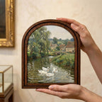 Country River Painting, Vintage Duck Art, Old European Village Landscape, Arched Wood Frame, Farmhouse Wall Decor, Canvas Tabletop Frame